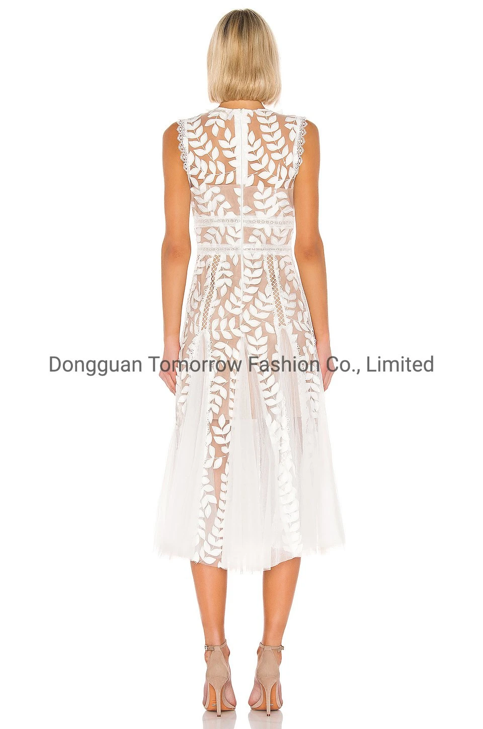 OEM Fashion Summer Custom Logo Floral Applique Latest New Design Women Lady Elegant Clothing Wholesaler White MIDI Casual Dresses with Mesh Lace Trim