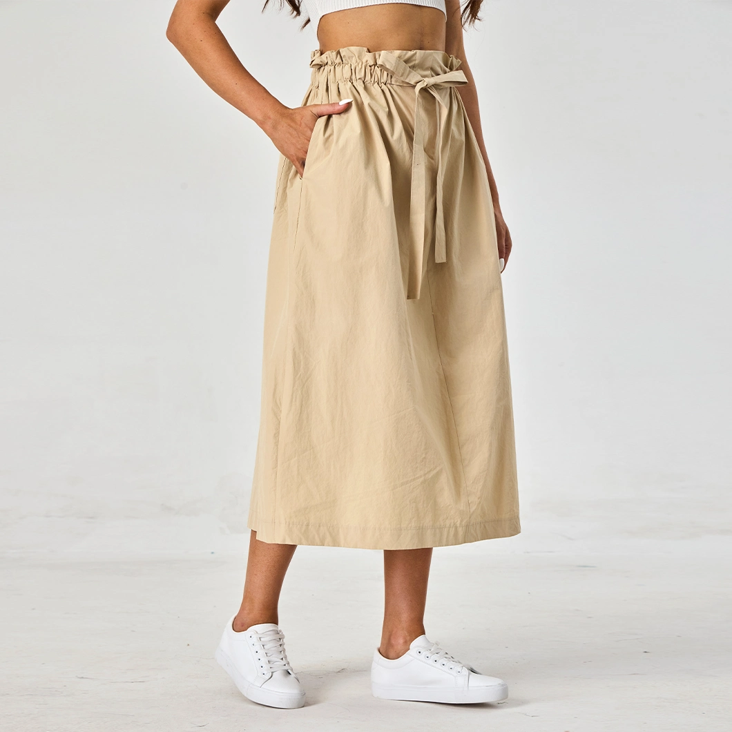 Wholesale Waistband Elastic High Waist Woven Solid Color Women Casual Skirts