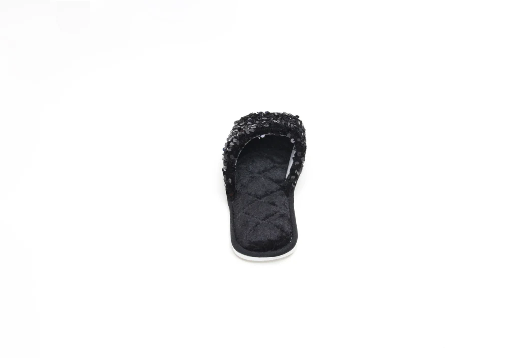 Open Toe Glitter Sequins Plush Furry Flat Mule Indoor Cozy Fuzzy Slippers Slip One Black 22as031-03