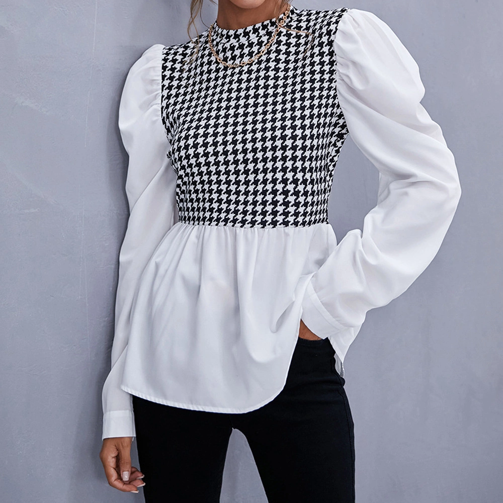 Autumn Outfit New Style Temperamental Plaid Splicing Blouse Casual Women Shirt