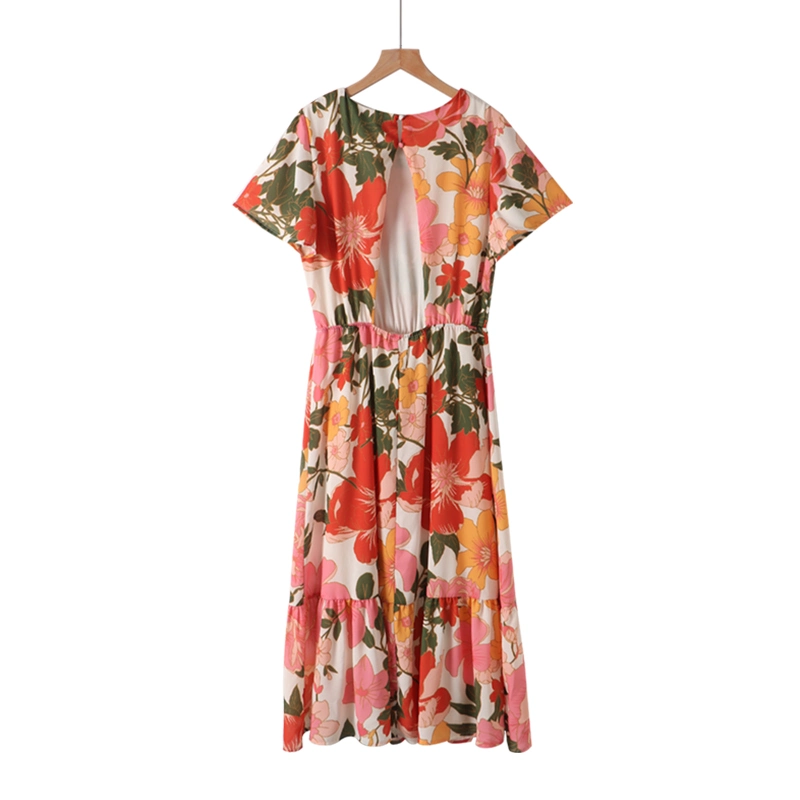 Short Sleeve Round Neck Floral Woven Back Button Dress