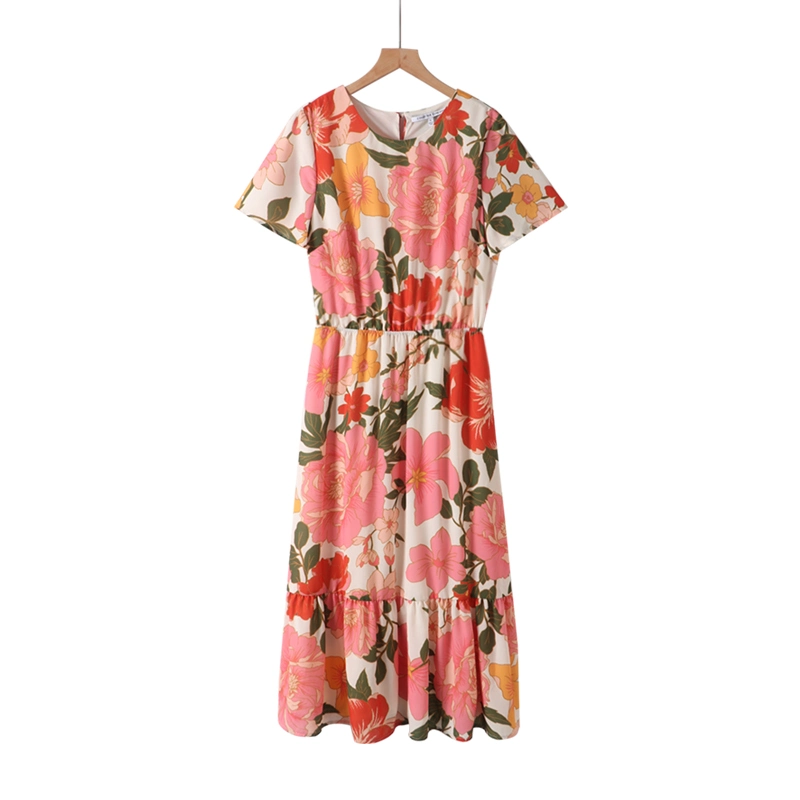 Short Sleeve Round Neck Floral Woven Back Button Dress