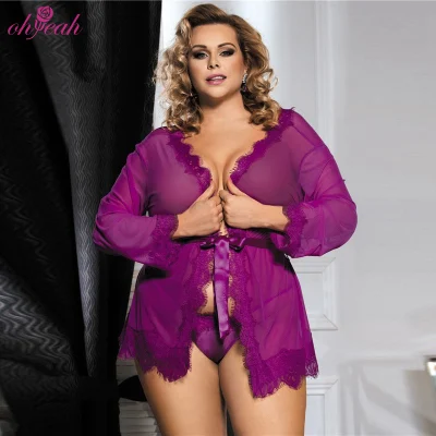 Plus Size Hot Sexy Purple Lace Sheer Women Babydoll Sleepwear