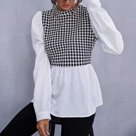 Automne Outfit New Style Temperamental Plaid Splicing Blouse Casual Women Shirt