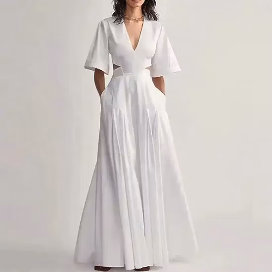 Robe décontractée à col en V de haute qualité pour femmes Robe de dames à manches longues de couleur pure